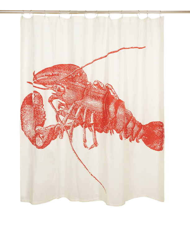 White shower curtain featuring a large red lobster graphic centered on the fabric