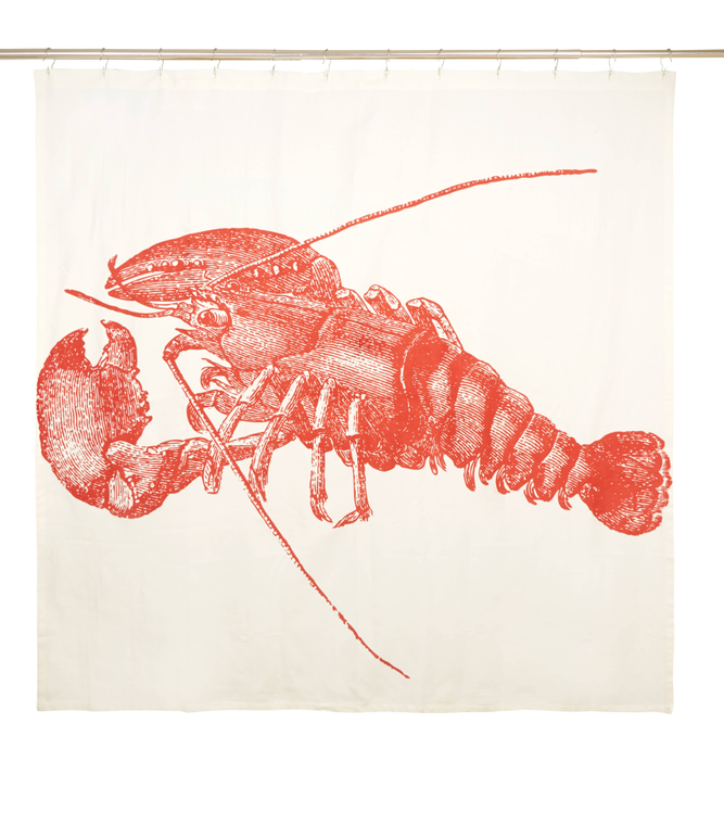 White shower curtain with centered red lobster artwork and scalloped hanging edge
