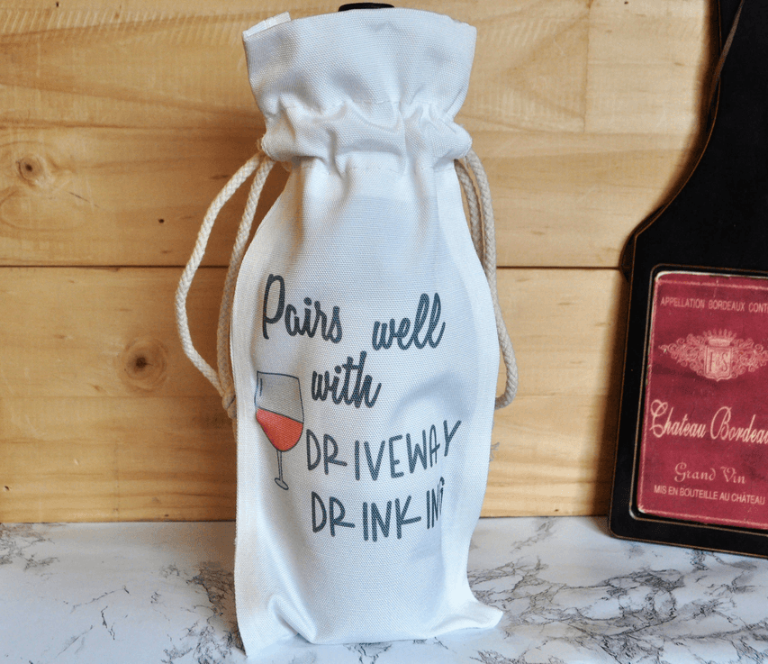 White drawstring wine bottle bag with printed 'Driveway drinking' wording