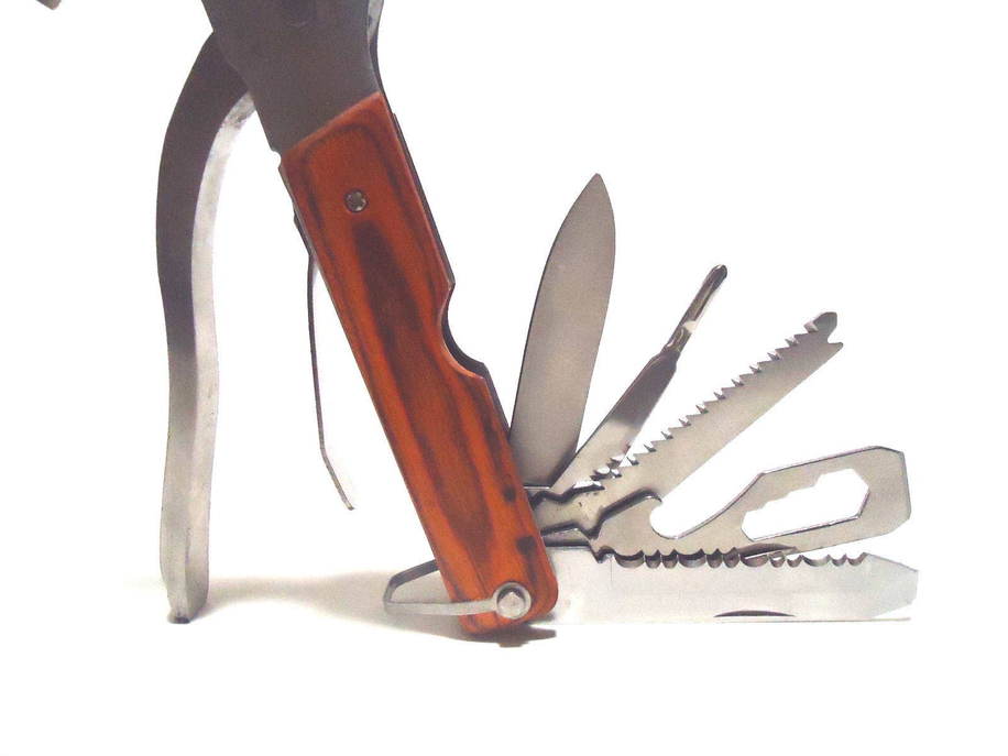 Pocket multi-tool with wooden handle, folding saw blade and knife with hammer claw