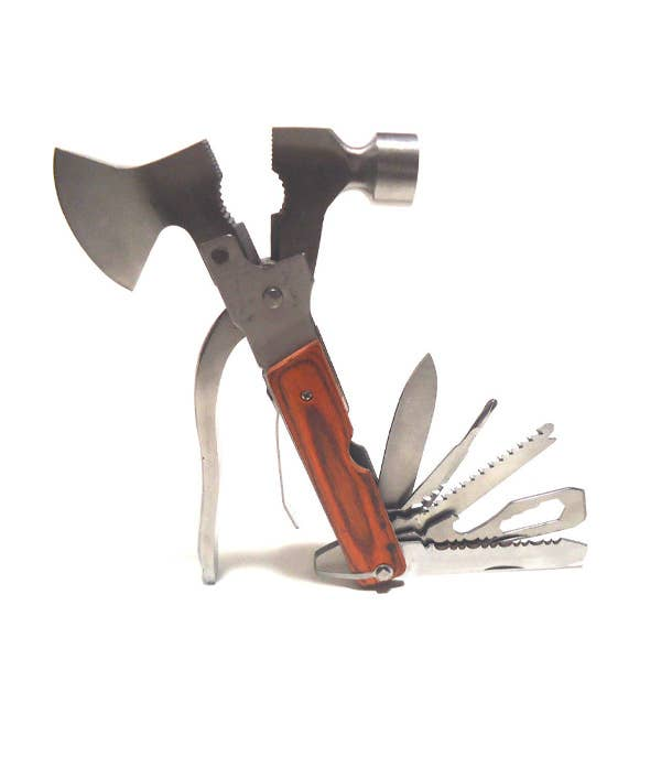 Pocket multi-tool with wooden handle and folding axe, saw, and knife blades