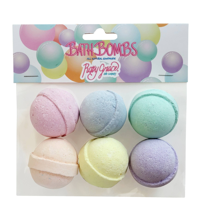 Medium round bath bombs set: six assorted colorful spherical bath bombs, textured.