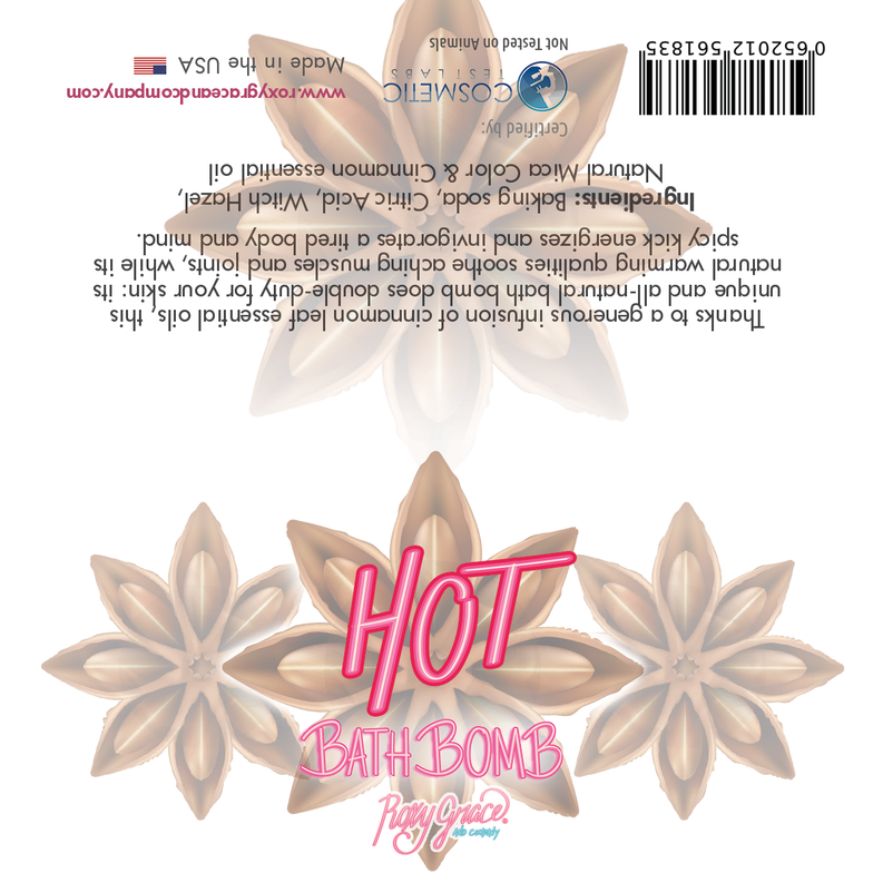 Bath bomb graphic with pink "Hot Bath Bomb" lettering and star accents