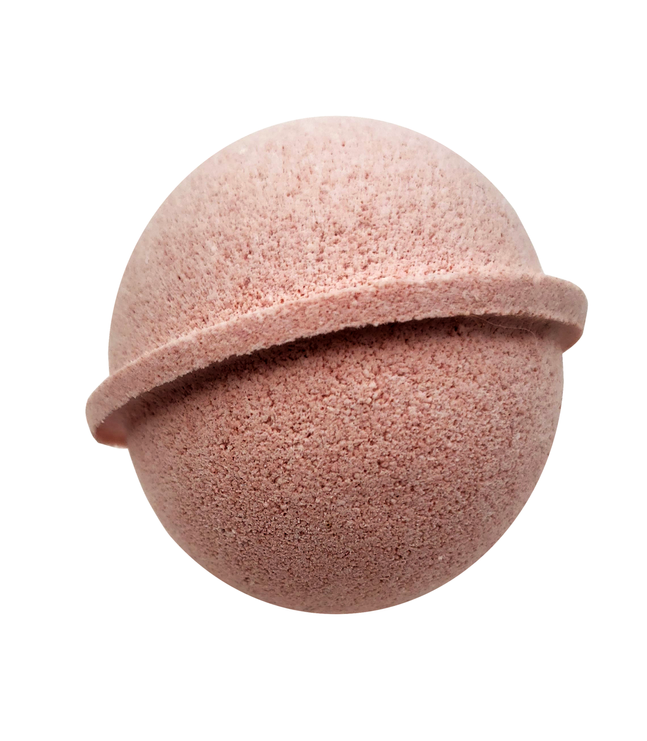 Pink bath bomb sphere with textured surface and small rounded cap edge