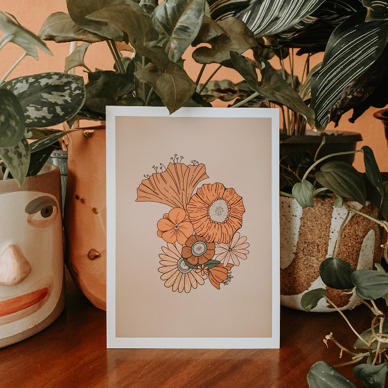 Retro floral framed print with orange and cream bouquet illustration in white mat