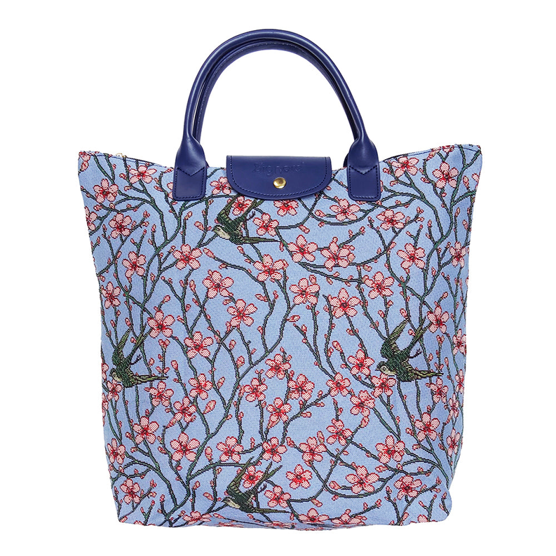 Printed grocery tote bag with top handles and front flap pocket, floral branch print
