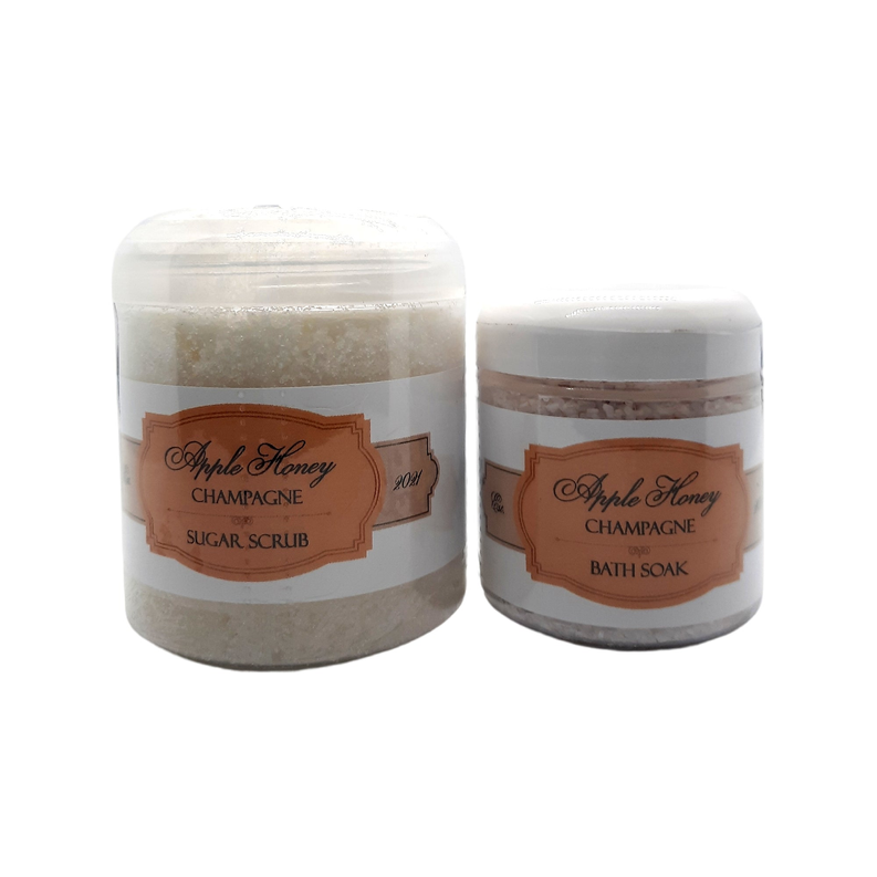 Sugar scrub and bath soak bundle, two labeled jars with clear lids, Apple Honey Champagne