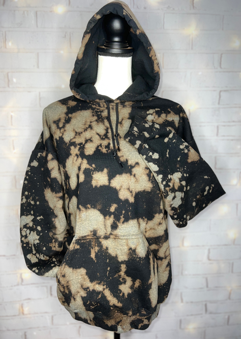 Bleached black hoodie with front zipper, hood, and kangaroo pocket