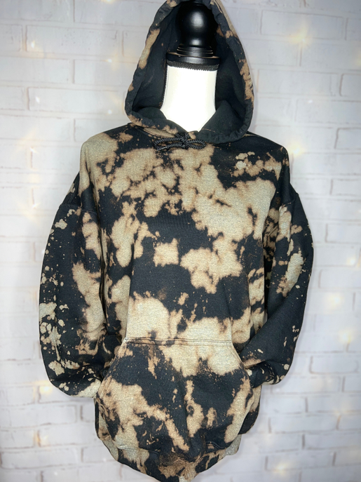 Bleached black pullover hoodie with hood and kangaroo pocket, full sleeves