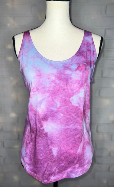 Raspberry ice tie-dye festival tank, sleeveless scoop neck, purple-pink swirl