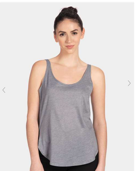 Gray sleeveless tank with scoop neck, relaxed drape