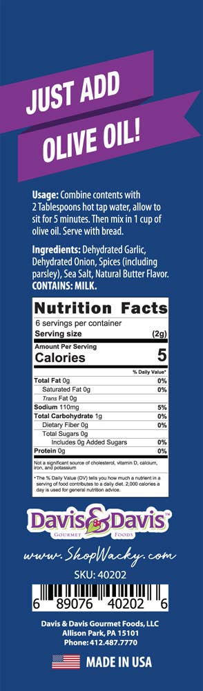 Garlic butter oil stick mix package label with usage and Nutrition Facts panel