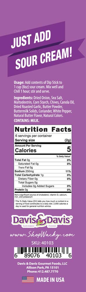 Onion chive dip stick mix packet, Just add sour cream, Davis & Davis brand