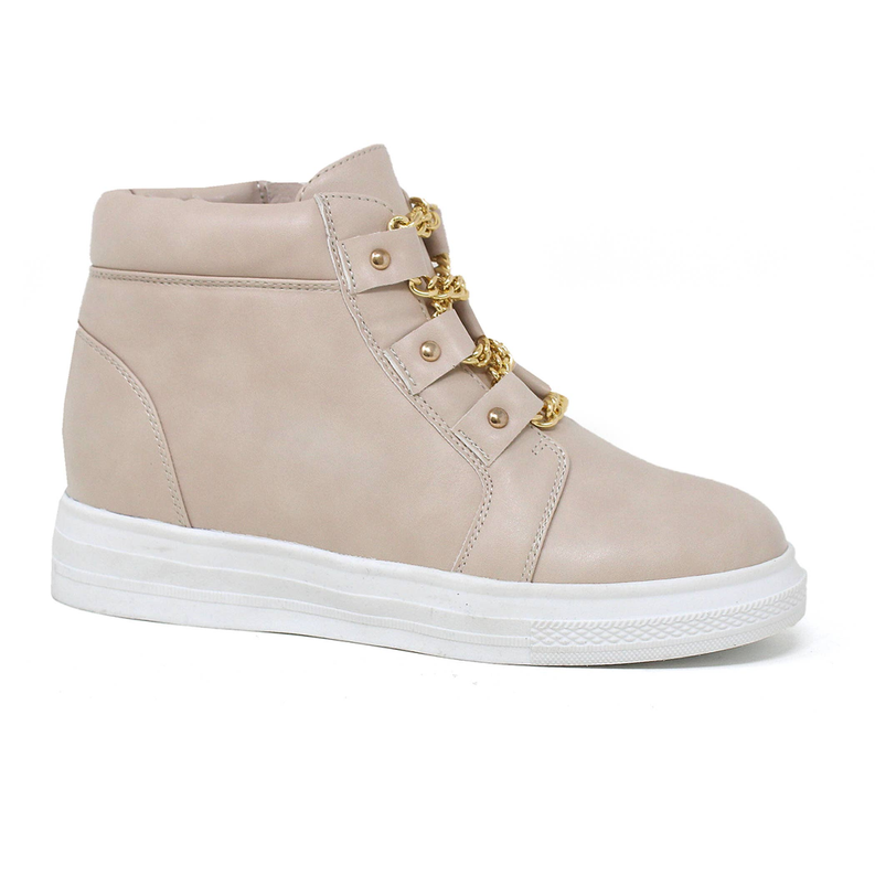 Women's beige high-top sneaker with chain lace and gold hardware detail