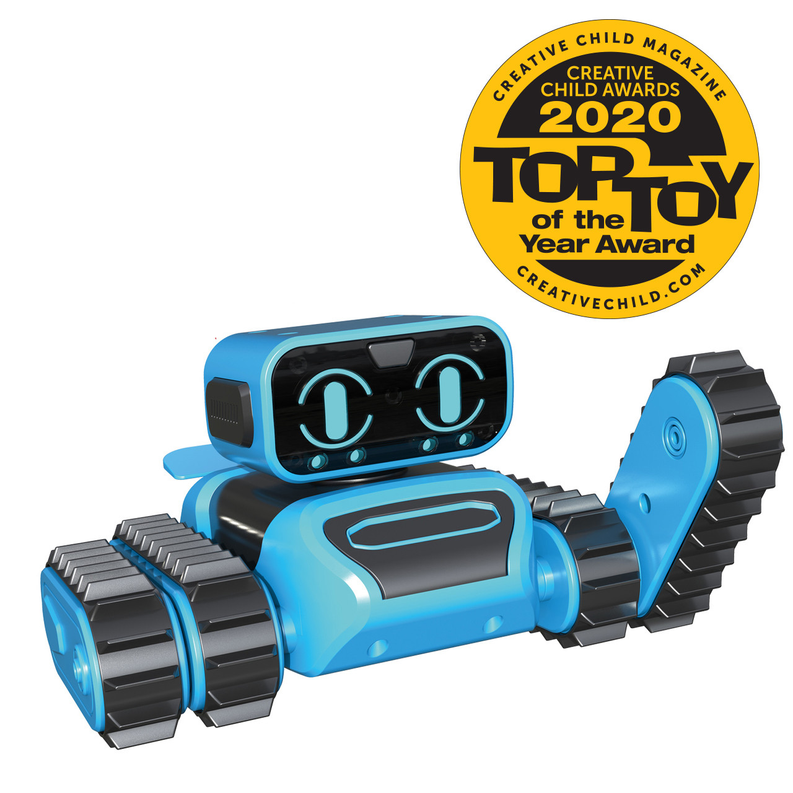 Blue and black tracked toy robot with articulated arm and screen