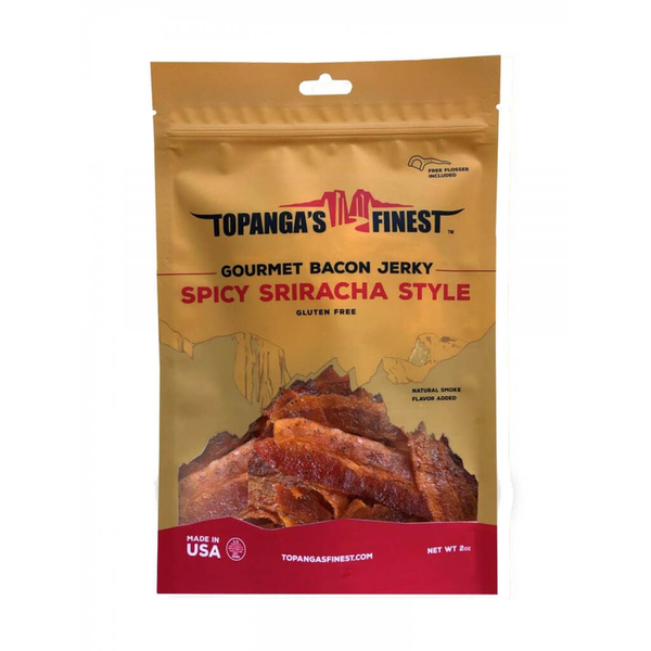 Gluten-free spicy sriracha bacon jerky pouch, stand-up bag with front label