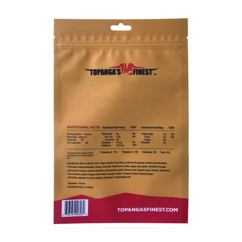 Gluten-free spicy sriracha bacon jerky pouch, back with nutrition facts and ingredients