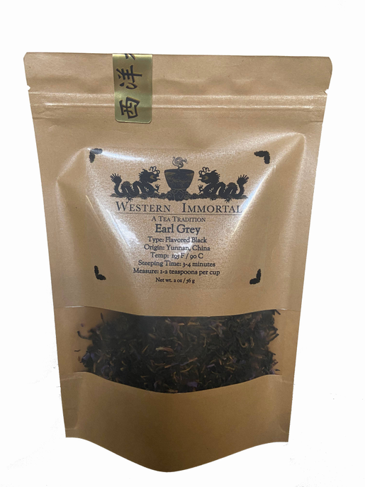 Earl Grey tea bag in kraft paper pouch with Western Immortal branding