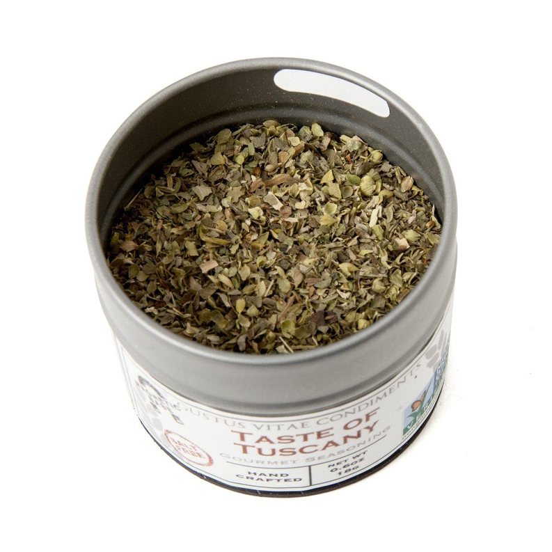 Salt-free herb seasoning tin filled with green dried herb flakes