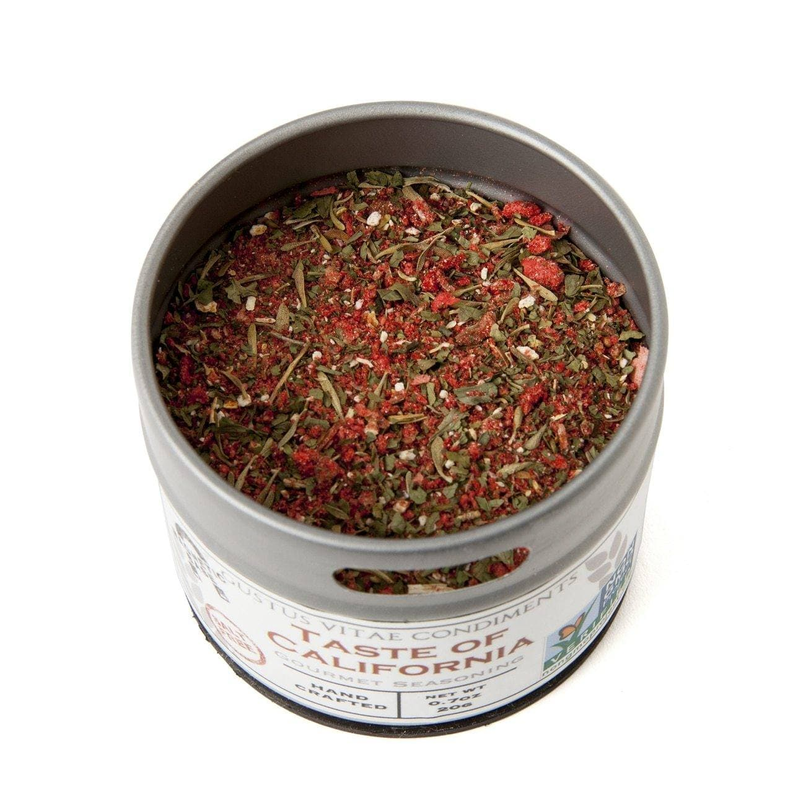 Salt-free seasoning tin filled with red-and-green dried herb blend
