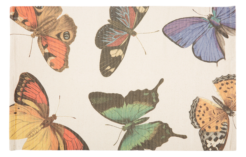 Metamorphosis floor mat featuring colorful butterfly silhouettes on a light background