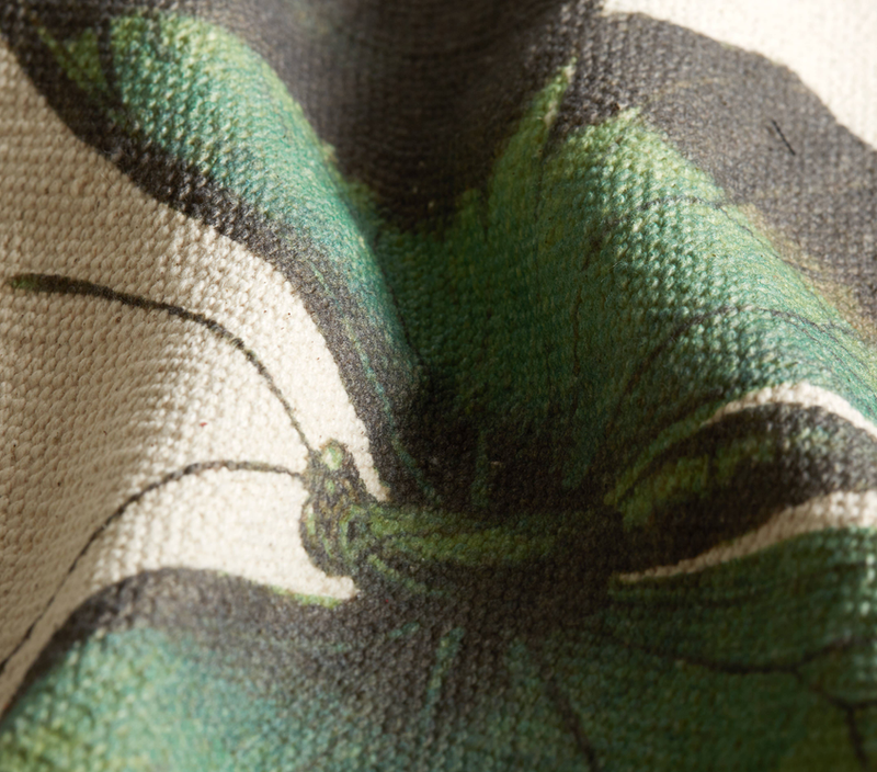 Metamorphosis floor mat close-up of green leaf and butterfly illustration on beige