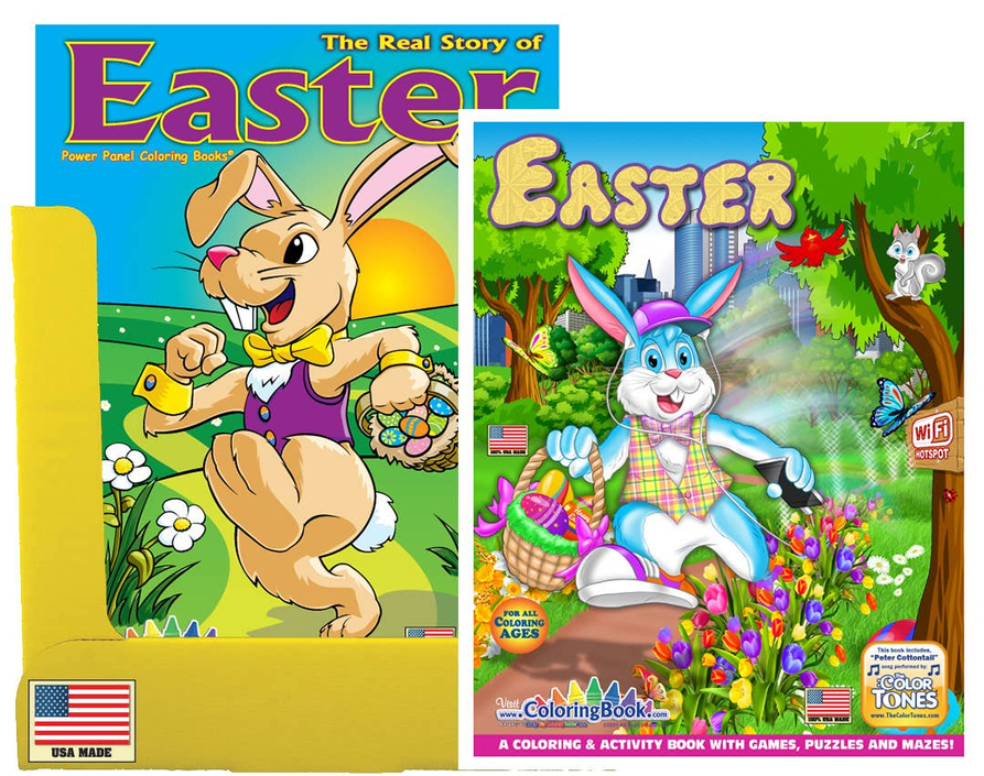 Easter coloring and activity book cover with cartoon bunny and garden scene