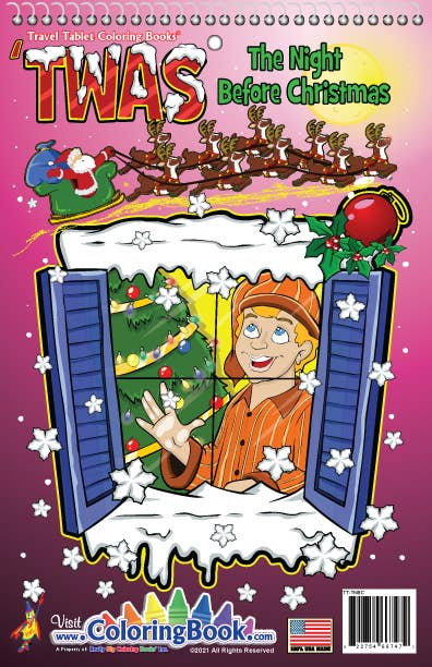 Children's coloring book: festive cover with open windows and smiling character