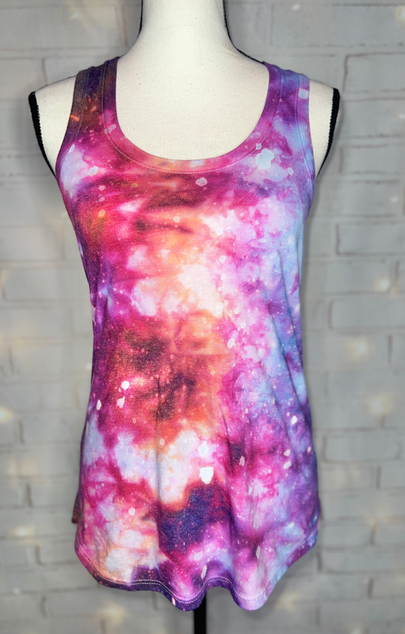 Nebula tie-dye racerback tank top with scoop neck, front view.