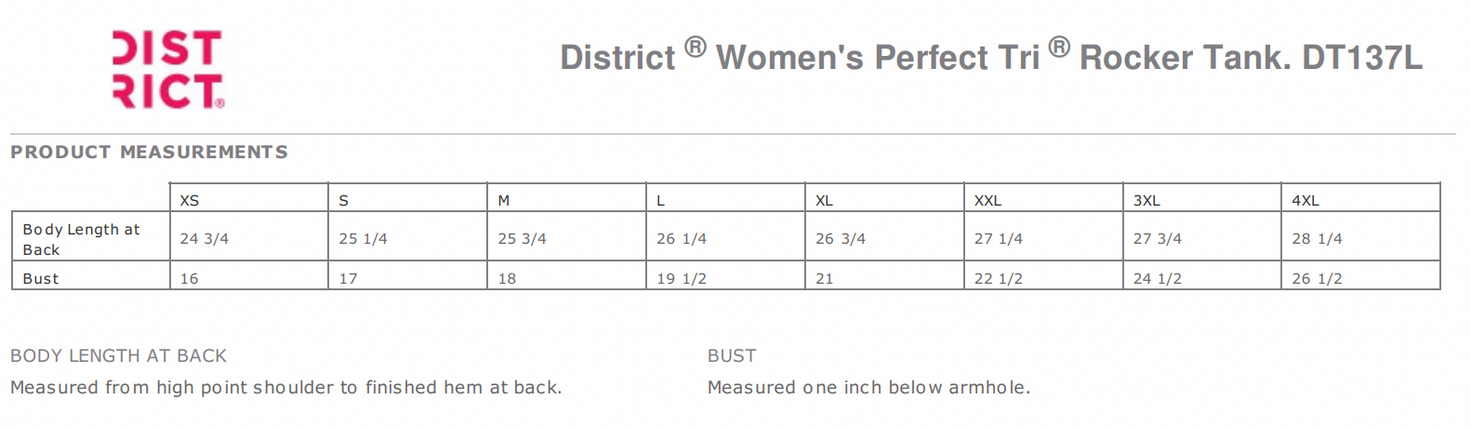 District women’s tri rocker tank DT137 size chart with body length and bust.