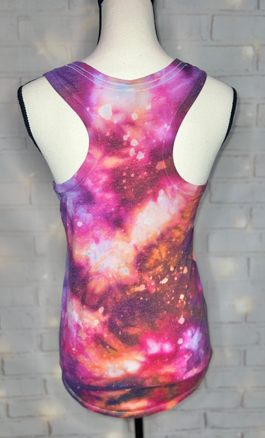 Nebula tie-dye racerback tank top, back view with curved hem.
