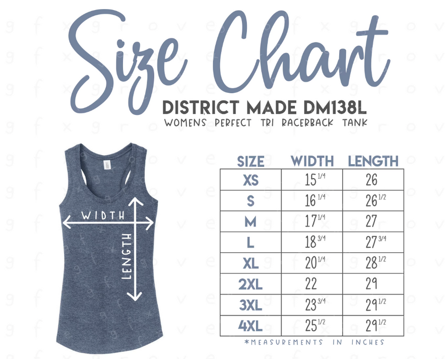 Women’s tri rocker tank size chart with width and length measurements.