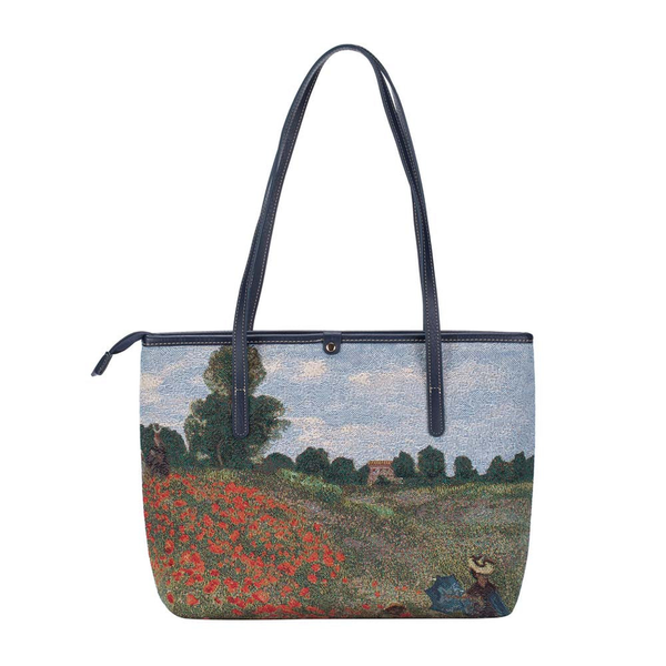 Claude Monet poppy field tote bag with blue handles, zipper, landscape print