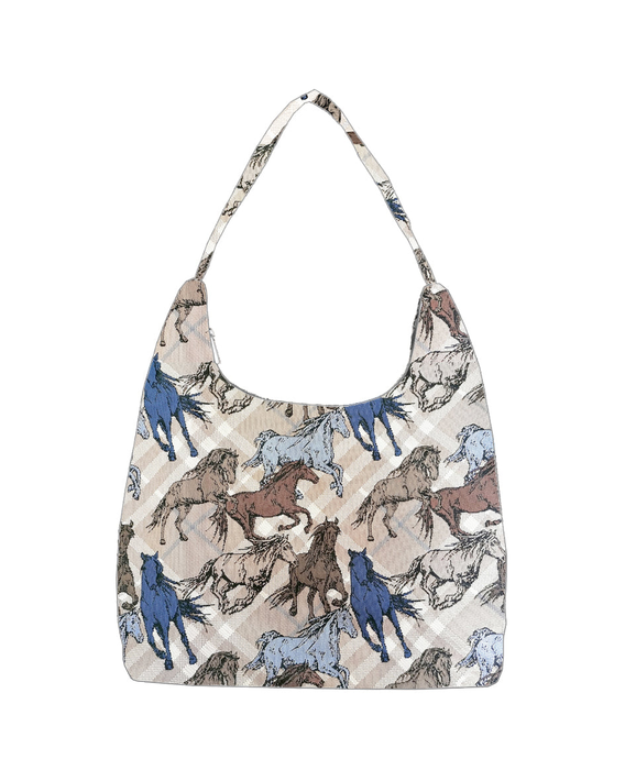 Horse print hobo shoulder bag with short top handles, cream base and blue accents