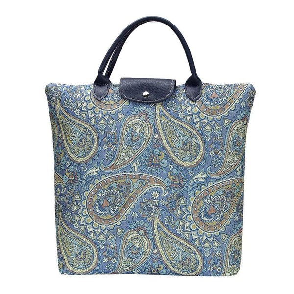 Paisley foldaway grocery bag with blue paisley print, navy handles, snap front flap