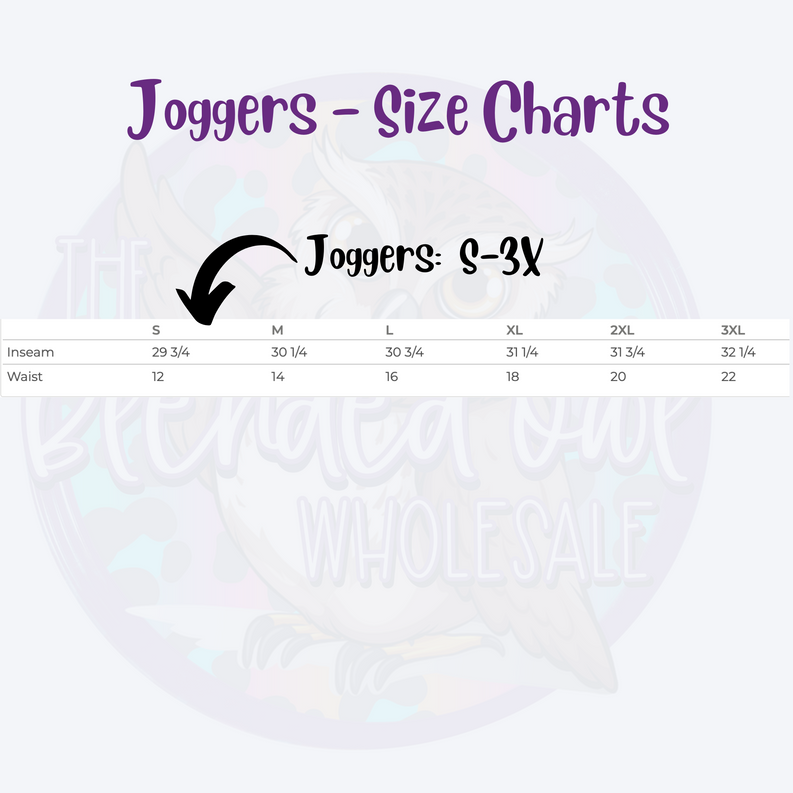 Joggers size chart graphic for sizes S to 3XL with inseam and waist measurements