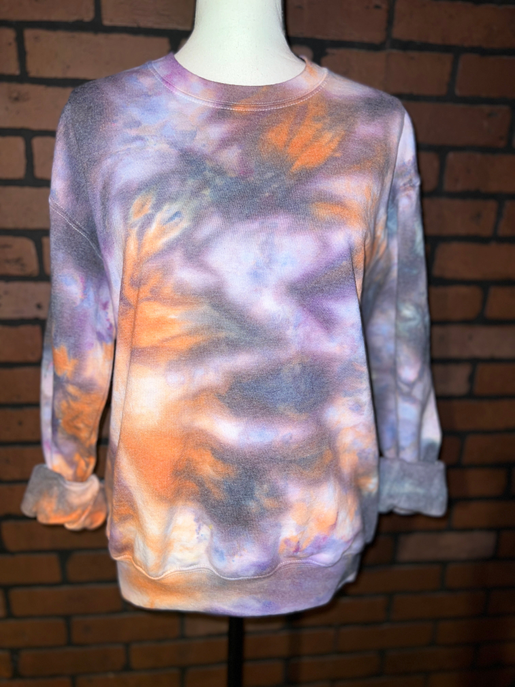 Purple ice tie-dye crewneck sweatshirt with long sleeves, plain hem and cuffs