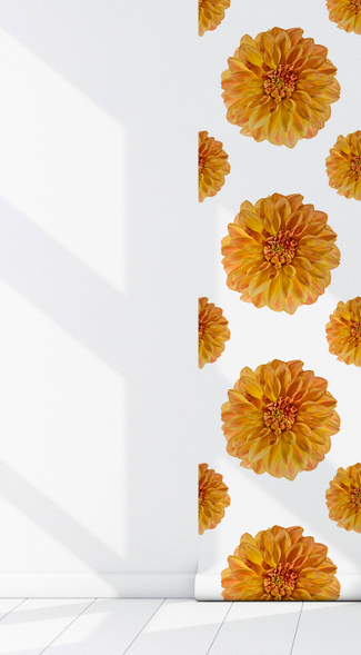 Peel-and-stick floral wallpaper corner with repeating golden-orange flower designs