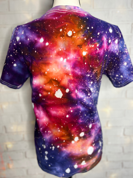 Ice tie-dye blank tee with galaxy nebula print on back, short sleeves