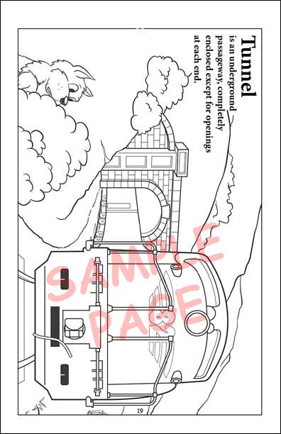 Train coloring page showing a locomotive with surrounding trees and track