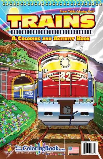 Trains coloring and activity book cover with colorful locomotive illustration