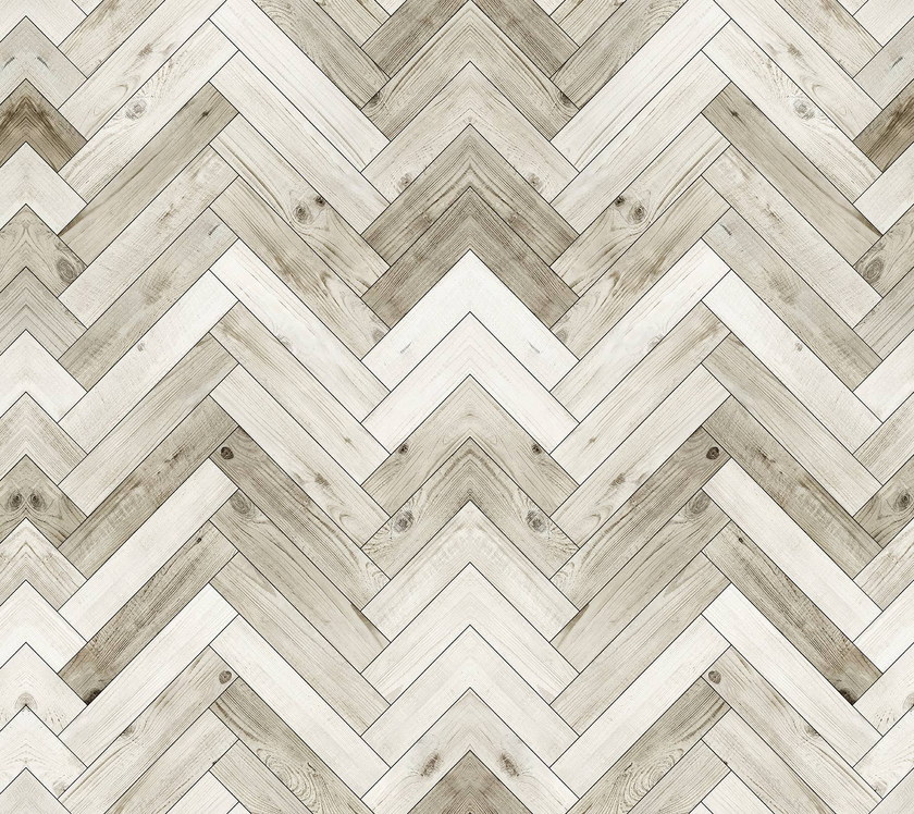 Herringbone woodgrain wallpaper pattern in light gray, white, and tan