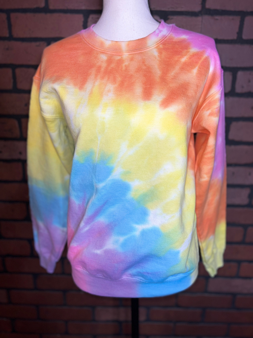 Rainbow tie-dye crewneck sweatshirt on mannequin, long sleeves, pullover design