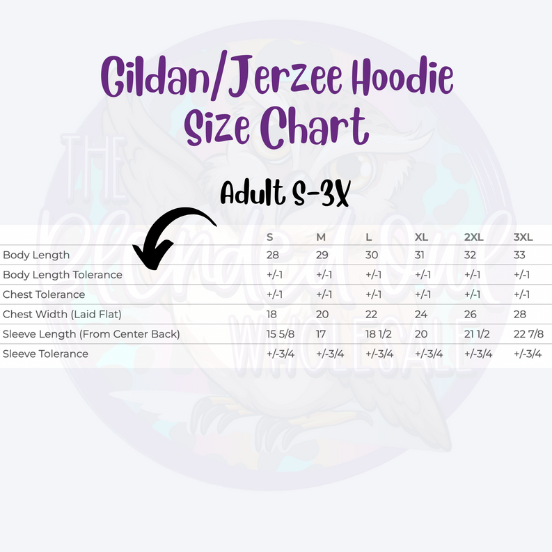 Gildan/Jerzee hoodie size chart graphic with adult 3XL sizing table
