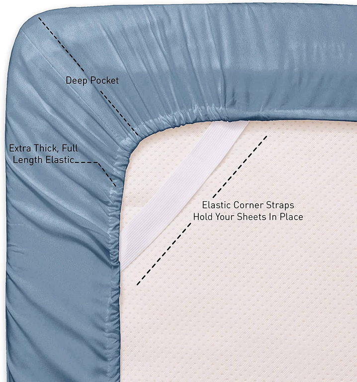 Light blue deep-pocket fitted sheet with elastic corner straps
