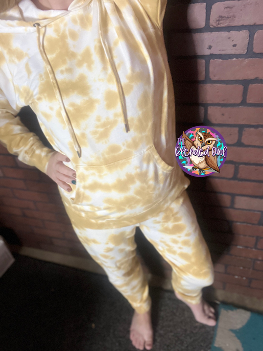 Light yellow tie-dye jogger set, pullover hoodie with drawstring and matching joggers