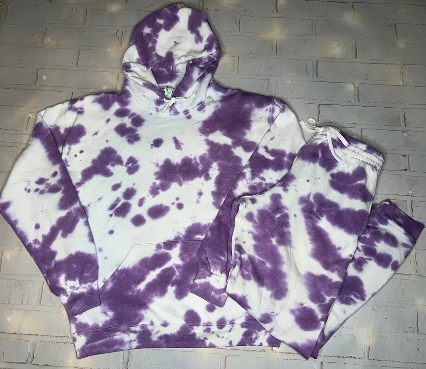 Purple and white tie-dye hoodie with matching joggers