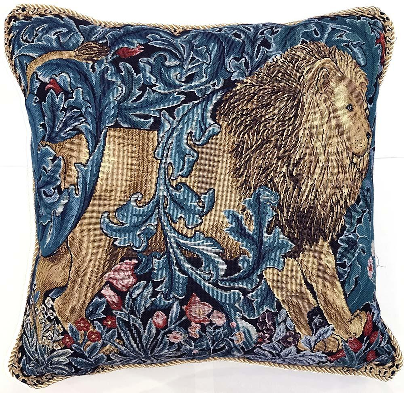 Decorative cushion cover with lion and floral pattern, blue and tan, fringed edge