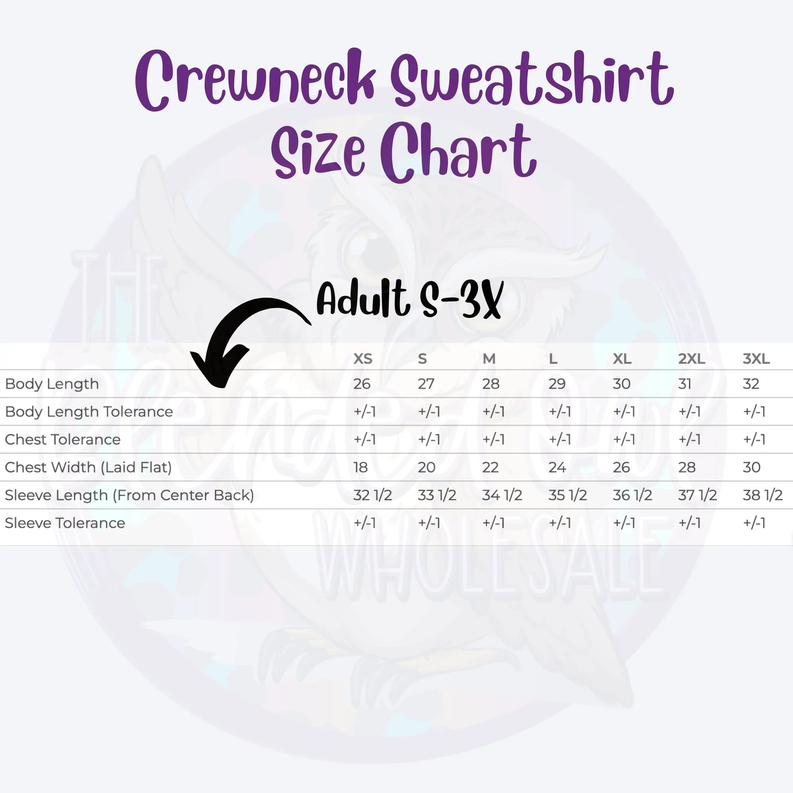 Crewneck sweatshirt size chart for adult sizes XS–3XL