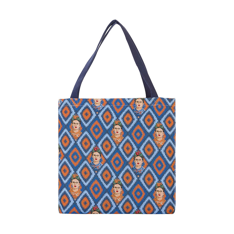 Foldable gusset bag with Frida Kahlo portrait pattern, blue and orange